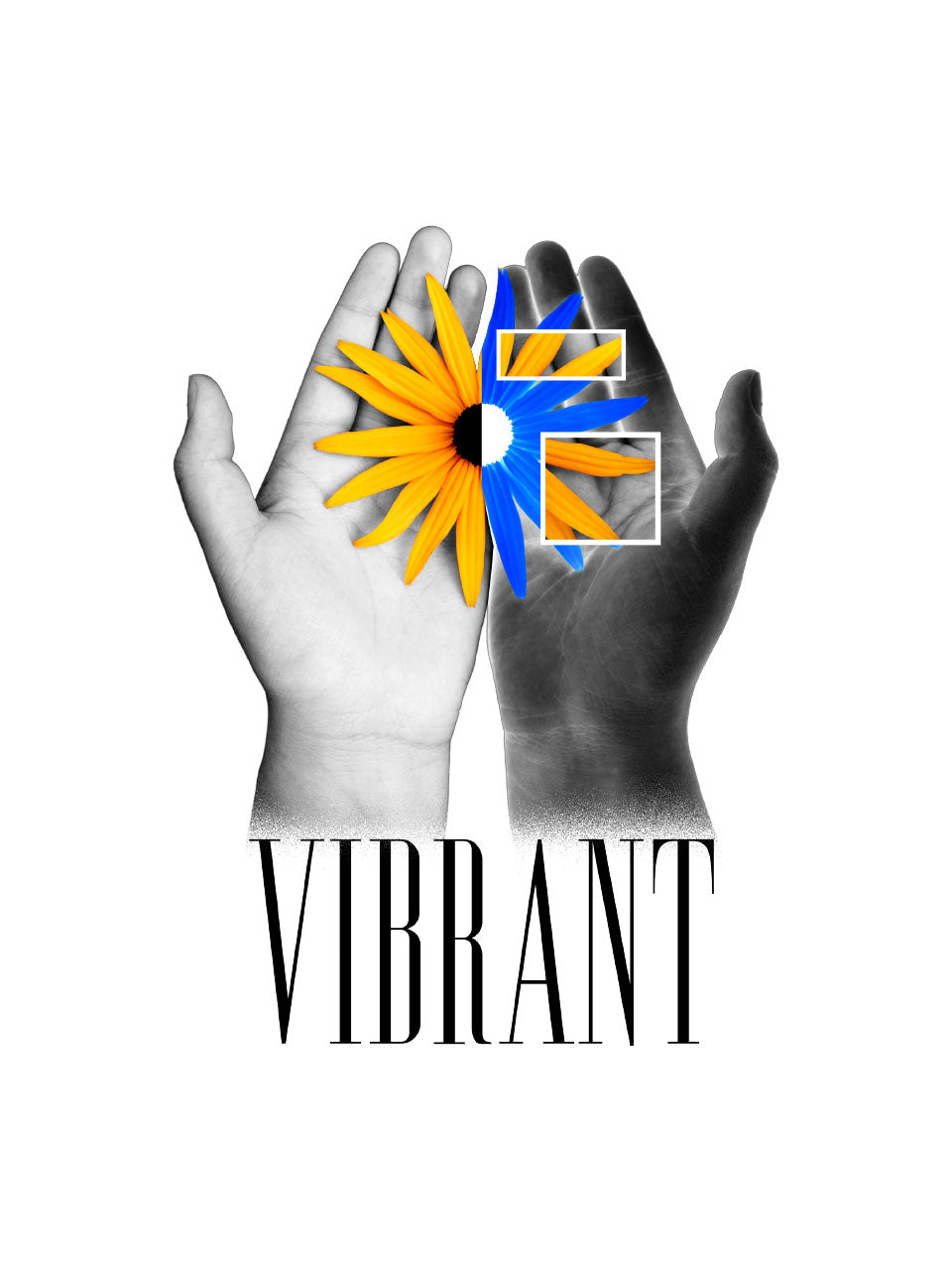 Two hands holding a colorful flower with the word 'Vibrant' below on a white background
