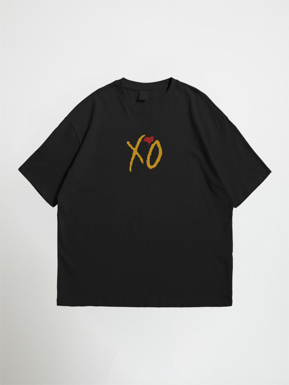 Black weeknd oversized graphic t-shirt with yellow 'XO' logo on a front of the t shirt