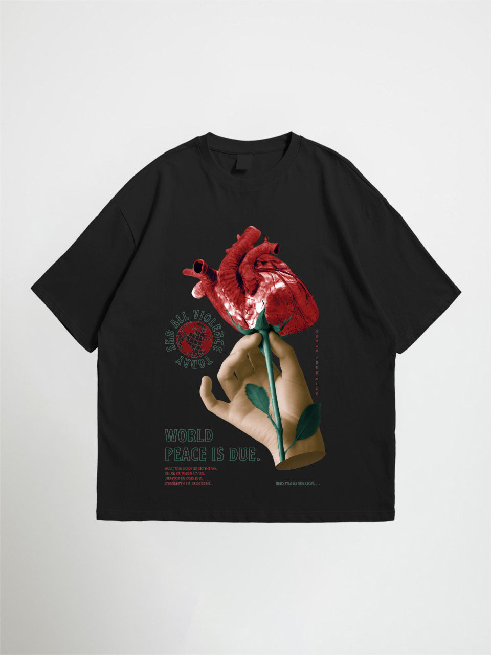 Black world peace oversized graphic t-shirt with a graphic of a hand holding a red rose on a white background