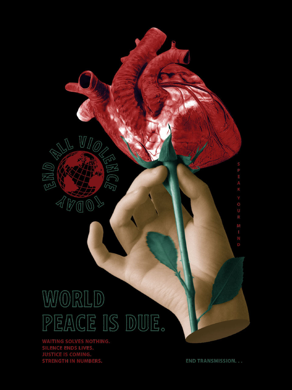 Artistic depiction of a hand holding a red rose with a heart shape, against a black background. Includes text and a logo.