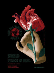 Artistic depiction of a hand holding a red rose with a heart shape, against a black background. Includes text and a logo.