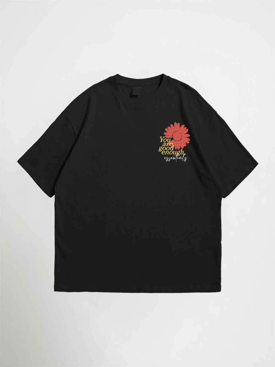 Black t-shirt with a red flower design and text on a white background